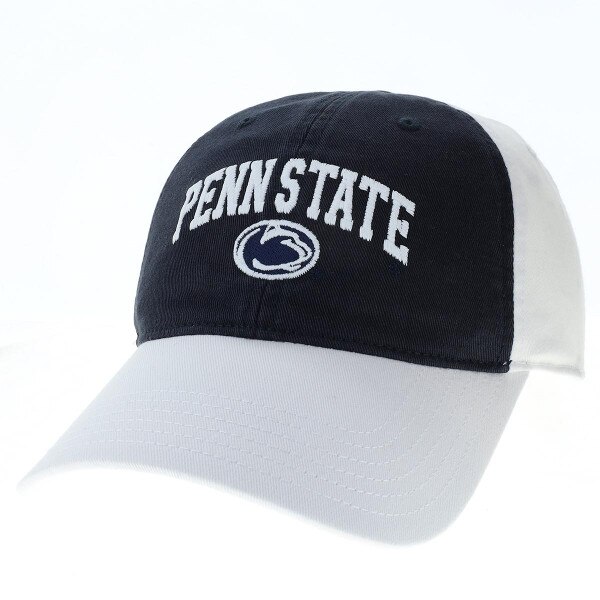 white hat navy front panels with embroidered Penn State above Athletic Logo